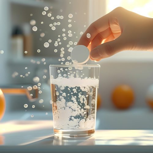 A hand dropping an effervescent tablet into a glass of water, the concept of a vitamin C vitamin supplement